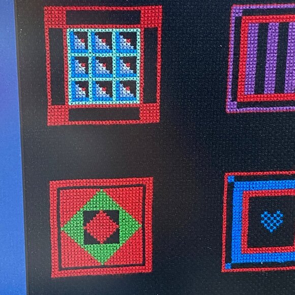 Vintage Handmade Amish Quilt Squares 14" Framed Cross Stitch - Picture 2 of 11